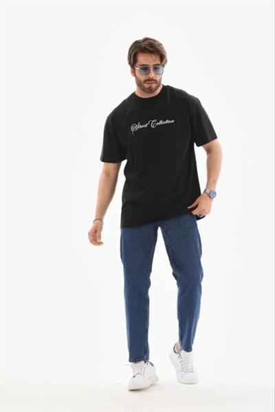 Erkek Baskılı T-Shirt Kısa Kol Bisiklet Yaka Regular Fit Rahat Kalıp Günlük Tişört - Siyah