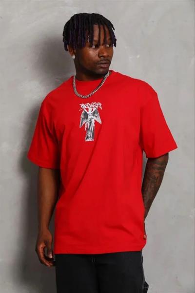 Erkek Baskılı T-Shirt Kısa Kol Bisiklet Yaka Regular Fit Rahat Kalıp Günlük Tişört - Kırmızı