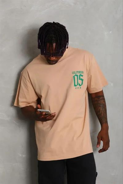 Erkek Baskılı T-Shirt Kısa Kol Bisiklet Yaka Regular Fit Rahat Kalıp Günlük Tişört - Bej