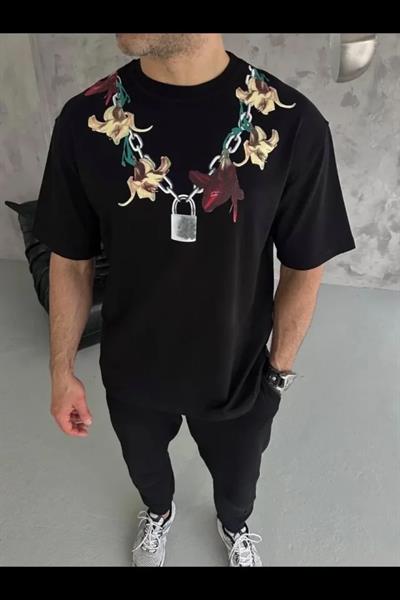Erkek Baskılı T-Shirt Kısa Kol Bisiklet Yaka Regular Fit Rahat Kalıp Günlük Tişört - Siyah