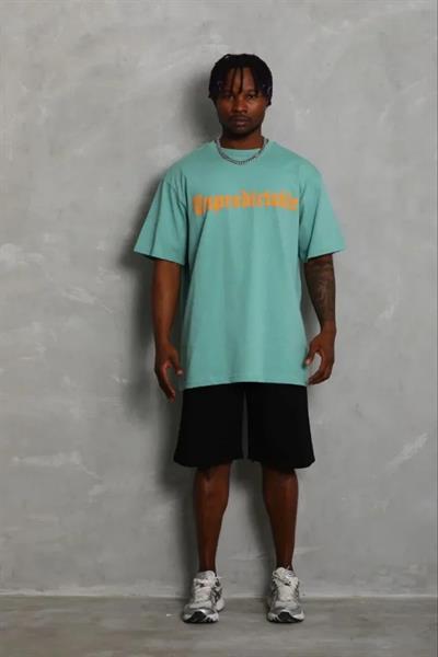 Erkek Baskılı T-Shirt Kısa Kol Bisiklet Yaka Regular Fit Rahat Kalıp Günlük Tişört - Mint Yeşili