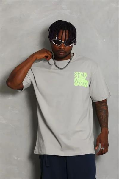 Erkek Baskılı T-Shirt Kısa Kol Bisiklet Yaka Regular Fit Rahat Kalıp Günlük Tişört - Gri