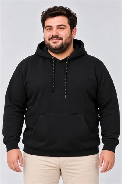 Erkek Battal Büyük Beden Üç İplik İçi Şardonlu Kapüşonlu Kanguru Cepli Kışlık Sweatshirt - Siyah