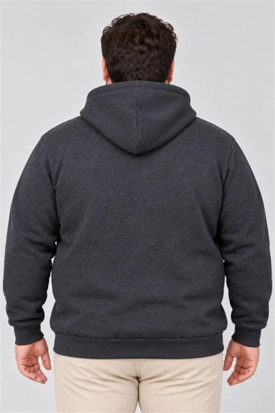 Erkek Battal Büyük Beden Üç İplik İçi Şardonlu Kapüşonlu Kanguru Cepli Kışlık Sweatshirt - Füme