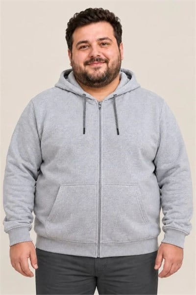 Erkek Battal Büyük Beden Üç İplik İçi Şardonlu Kapüşonlu Tam Fermuarlı Kışlık Sweatshirt - Gri