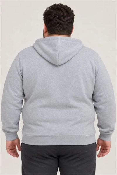 Erkek Battal Büyük Beden Üç İplik İçi Şardonlu Kapüşonlu Tam Fermuarlı Kışlık Sweatshirt - Gri