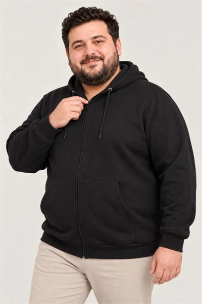 Erkek Battal Büyük Beden Üç İplik İçi Şardonlu Kapüşonlu Tam Fermuarlı Kışlık Sweatshirt - Siyah