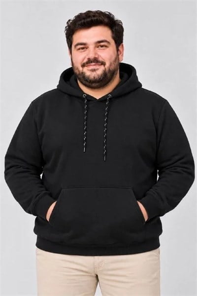Erkek Battal Büyük Beden Üç İplik İçi Şardonlu Kapüşonlu Kanguru Cepli Kışlık Sweatshirt - Siyah