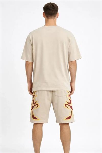Erkek Bej Oversize Baskılı Tişört Şort Takım Cepli Şort Yazlık Rahat Günlük Kombin - Bej