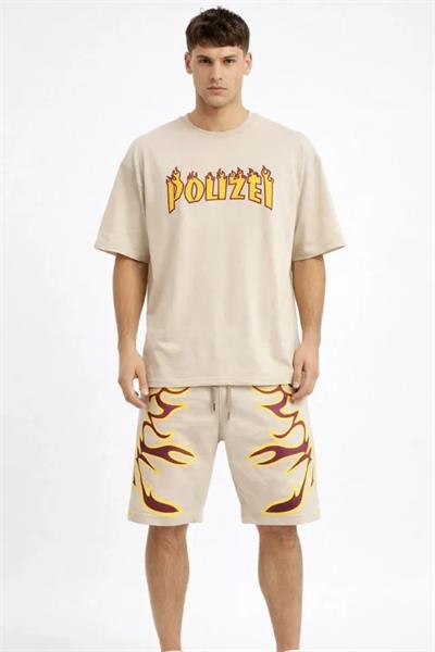 Erkek Bej Oversize Baskılı Tişört Şort Takım Cepli Şort Yazlık Rahat Günlük Kombin - Bej