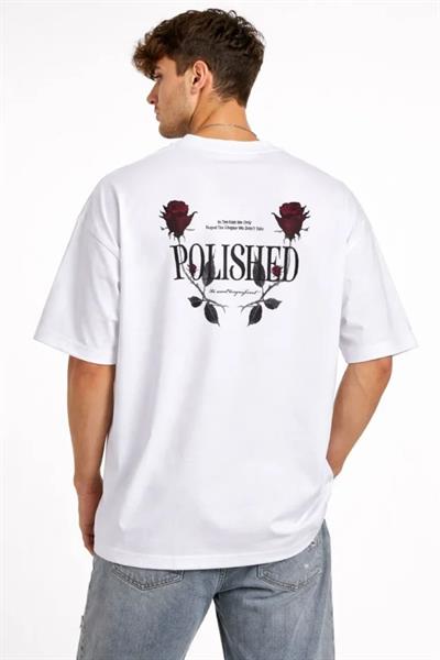 Erkek Bisiklet Yaka Baskılı Kısa Kollu Tişört Streetwear Günlük Basic Pamuklu T-shirt - Beyaz