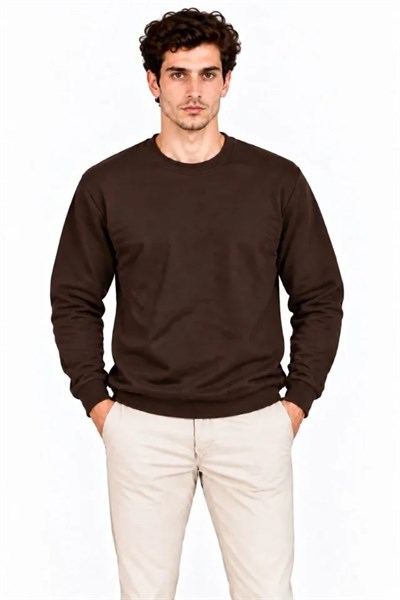 Erkek Bisiklet Yaka İçi Şardonlu 2 İplik Düz Uzun Kollu Regular Fit Sweatshirt - Kahverengi