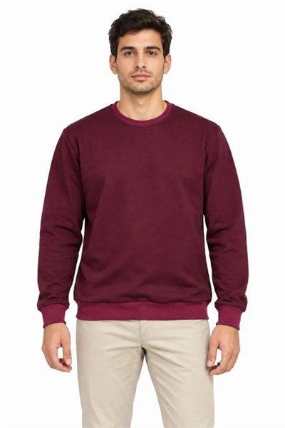 Erkek Bisiklet Yaka İçi Şardonlu 2 İplik Düz Uzun Kollu Regular Fit Sweatshirt -Bordo