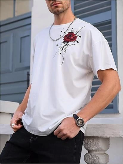 Erkek Bisiklet Yaka Kısa Kol Baskılı T-shirt - Beyaz