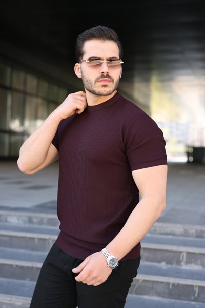Erkek Bisiklet Yaka Petek Dokulu Kısa Kollu Triko Tişört