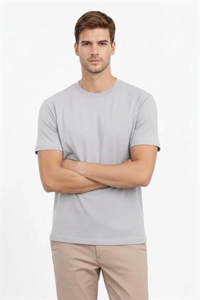 Erkek Bisiklet Yaka Tişört Regular Kalıp Basic Pamuklu Günlük Kullanım T-shirt - Gri