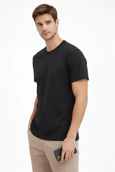 Erkek Bisiklet Yaka Tişört Regular Kalıp Basic Pamuklu Günlük Kullanım T-shirt - Siyah