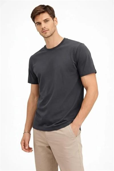 Erkek Bisiklet Yaka Tişört Regular Kalıp Basic Pamuklu Günlük Kullanım T-shirt - Füme