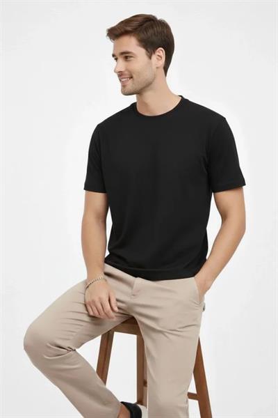 Erkek Bisiklet Yaka Tişört Regular Kalıp Basic Pamuklu Günlük Kullanım T-shirt - Siyah