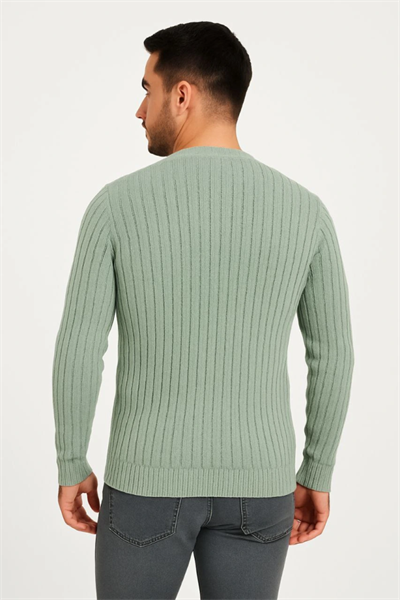 Erkek Bisiklet Yuvarlak Yaka Triko Kazak Pamuklu Kalın Fitilli Dokuma, Regular Fit Uzun Kollu Kışlık Model - Mint Yeşili