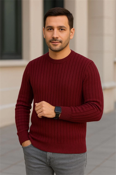 Erkek Bisiklet Yuvarlak Yaka Triko Kazak Pamuklu Kalın Fitilli Dokuma, Regular Fit Uzun Kollu Kışlık Model - Bordo