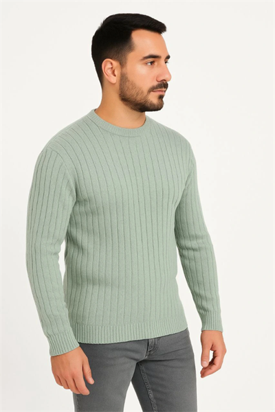 Erkek Bisiklet Yuvarlak Yaka Triko Kazak Pamuklu Kalın Fitilli Dokuma, Regular Fit Uzun Kollu Kışlık Model - Mint Yeşili