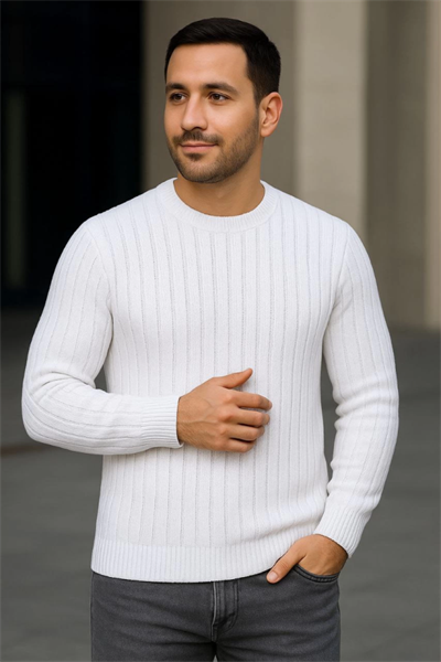 Erkek Bisiklet Yuvarlak Yaka Triko Kazak Pamuklu Kalın Fitilli Dokuma, Regular Fit Uzun Kollu Kışlık Model - Beyaz
