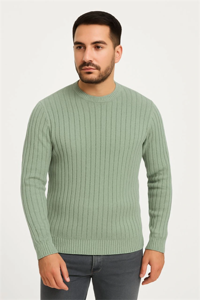 Erkek Bisiklet Yuvarlak Yaka Triko Kazak Pamuklu Kalın Fitilli Dokuma, Regular Fit Uzun Kollu Kışlık Model - Mint Yeşili