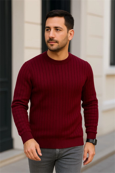 Erkek Bisiklet Yuvarlak Yaka Triko Kazak Pamuklu Kalın Fitilli Dokuma, Regular Fit Uzun Kollu Kışlık Model - Bordo