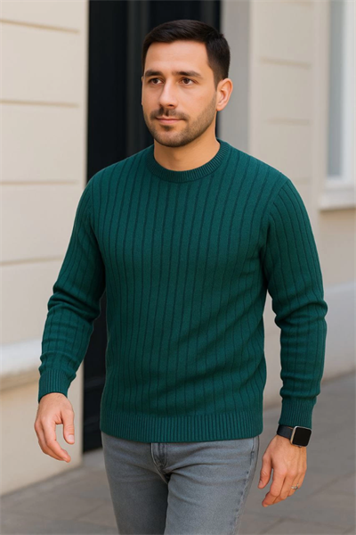 Erkek Bisiklet Yuvarlak Yaka Triko Kazak Pamuklu Kalın Fitilli Dokuma, Regular Fit Uzun Kollu Kışlık Model - Haki