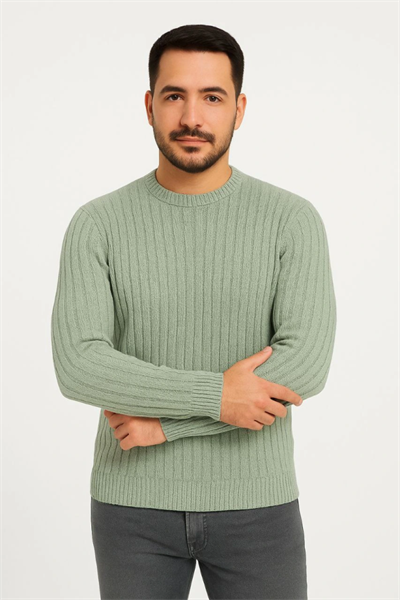 Erkek Bisiklet Yuvarlak Yaka Triko Kazak Pamuklu Kalın Fitilli Dokuma, Regular Fit Uzun Kollu Kışlık Model - Mint Yeşili