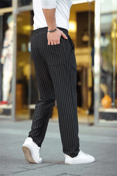 Erkek Cizgili Dokuma Krep Jogger Buggy Pantalon Rahat Kalıp - Siyah