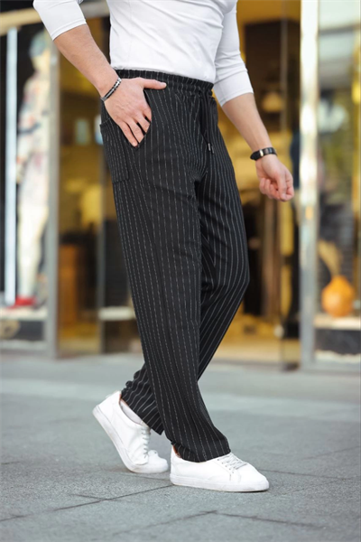 Erkek Cizgili Dokuma Krep Jogger Buggy Pantalon Rahat Kalıp - Siyah