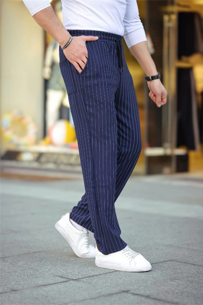 Erkek Cizgili Dokuma Krep Jogger Buggy Pantalon Rahat Kalıp - Lacivert