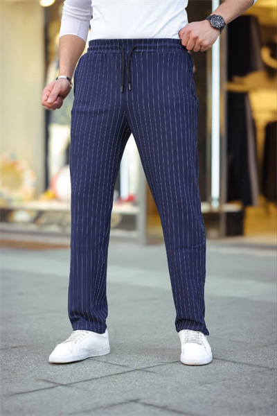 Erkek Cizgili Dokuma Krep Jogger Buggy Pantalon Rahat Kalıp - Lacivert