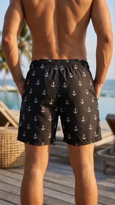 Erkek Deniz Şortu Fermuarlı Cepli File Astarlı Hızlı Kuruyan Premium - Siyah