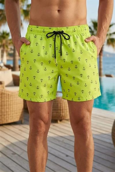 Erkek Deniz Şortu Fermuarlı Cepli File Astarlı Hızlı Kuruyan Premium - Neon Yeşili