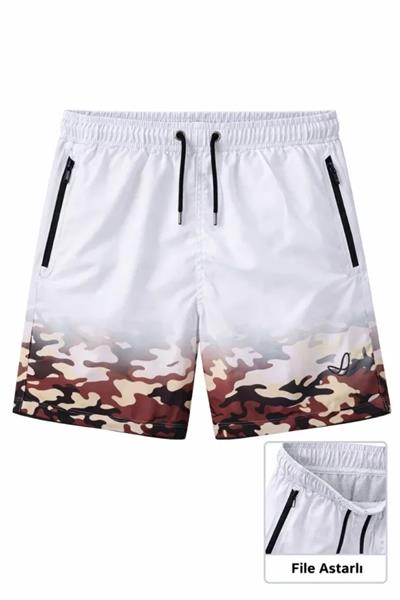 Erkek Deniz Şortu Fermuarlı Cepli File Astarlı Hızlı Kuruyan Premium - Beyaz