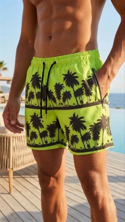 Erkek Deniz Şortu Fermuarlı Cepli File Astarlı Hızlı Kuruyan Premium - Neon Yeşili