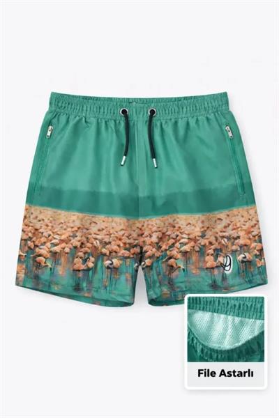 Erkek Deniz Şortu Fermuarlı Cepli File Astarlı Hızlı Kuruyan Premium - Su Yeşili