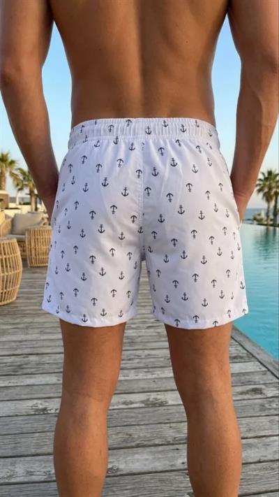 Erkek Deniz Şortu Fermuarlı Cepli File Astarlı Hızlı Kuruyan Premium - Beyaz