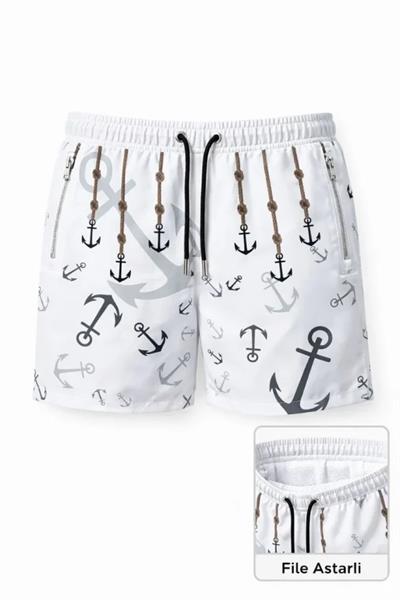 Erkek Deniz Şortu Fermuarlı Cepli File Astarlı Hızlı Kuruyan Premium - Beyaz