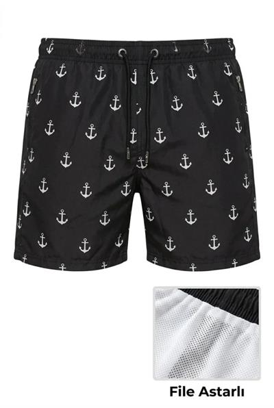 Erkek Deniz Şortu Fermuarlı Cepli File Astarlı Hızlı Kuruyan Premium - Siyah
