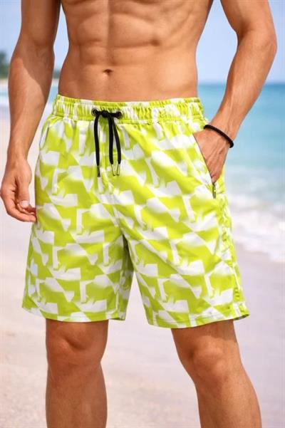 Erkek Deniz Şortu Fermuarlı Cepli File Astarlı Hızlı Kuruyan Premium - Sarı