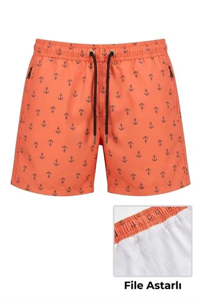 Erkek Deniz Şortu Fermuarlı Cepli File Astarlı Hızlı Kuruyan Premium - Turuncu