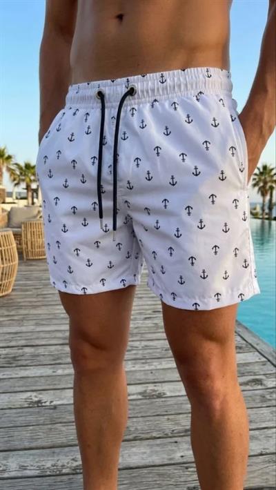 Erkek Deniz Şortu Fermuarlı Cepli File Astarlı Hızlı Kuruyan Premium - Beyaz