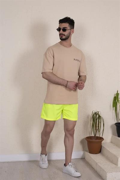 Erkek Deniz Şortu Fermuarlı Cepli File Astarlı - Neon Yeşili