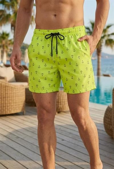 Erkek Deniz Şortu Fermuarlı Cepli File Astarlı Hızlı Kuruyan Premium - Neon Yeşili