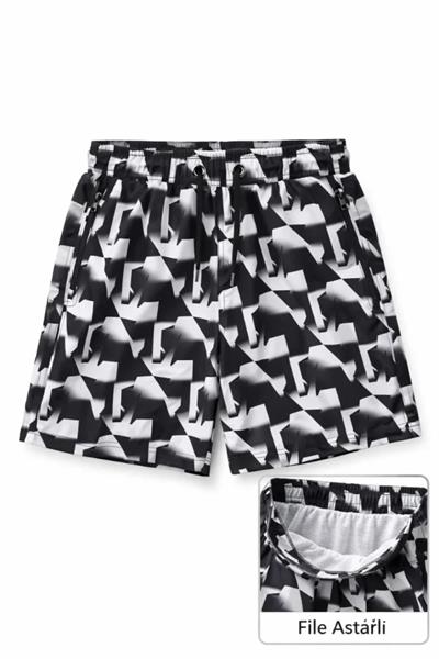 Erkek Deniz Şortu Fermuarlı Cepli File Astarlı Hızlı Kuruyan Premium - Siyah