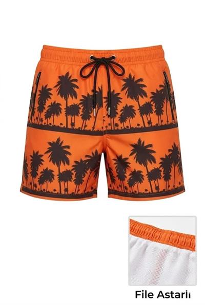 Erkek Deniz Şortu Fermuarlı Cepli File Astarlı Hızlı Kuruyan Premium - Turuncu